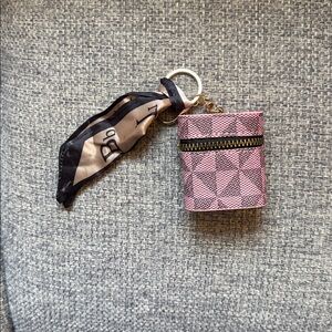 Pink Geometric Pattern Purse Charm Keychain Pouch w/Scarf